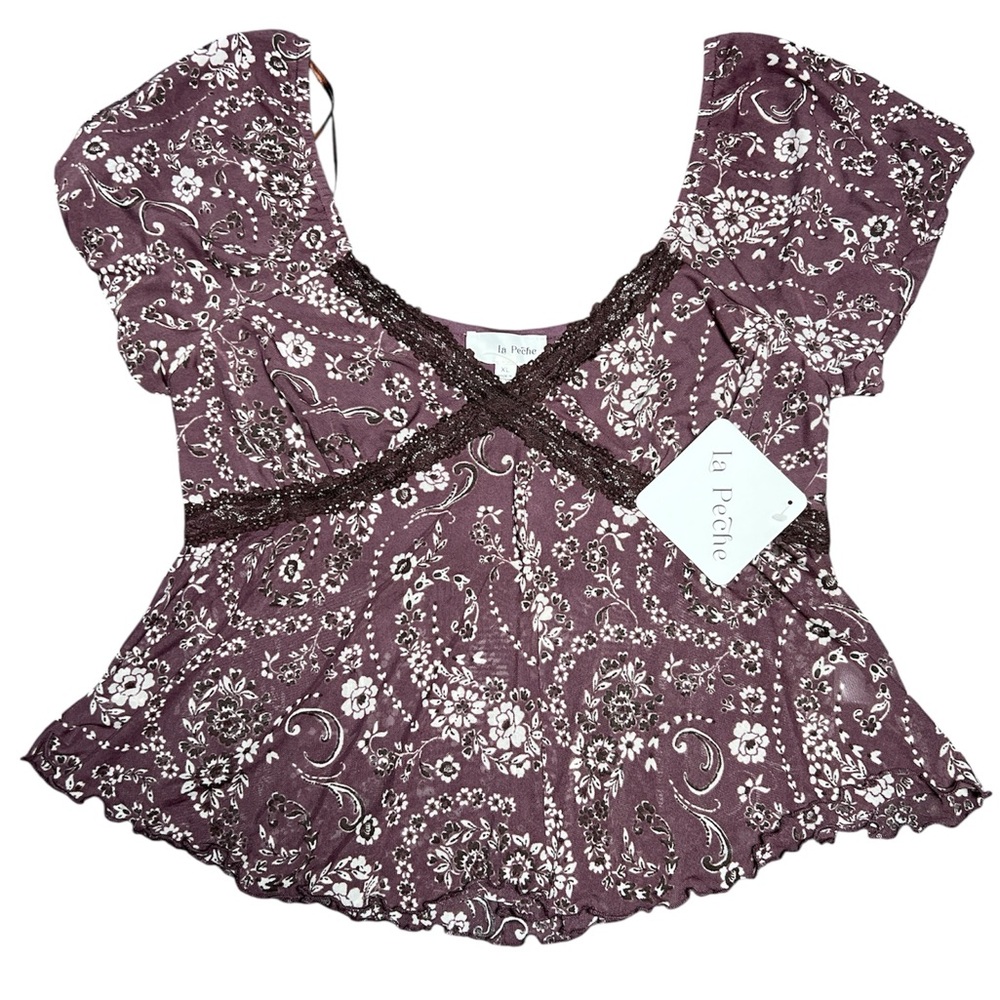 La Peche Y2K Purple Floral V neck  Blouse women’s XL